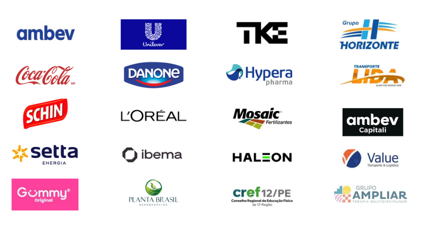 Clientes atendidos: Ambev, Unilever, TKE, Grupo Horizonte, Coca-Cola, Danone, Hypera, Transporte Lida, Schin, L'Oréal, Mosaic, Ambev Capitali, Setta Energia, Ibema, Haleon, Value, Gummy, Planta Brasil, CREF12/PE, Grupo Ampliar